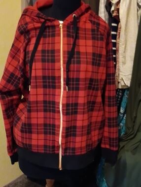 Red Plaid Zip-Up Hooded Bomber Jacket